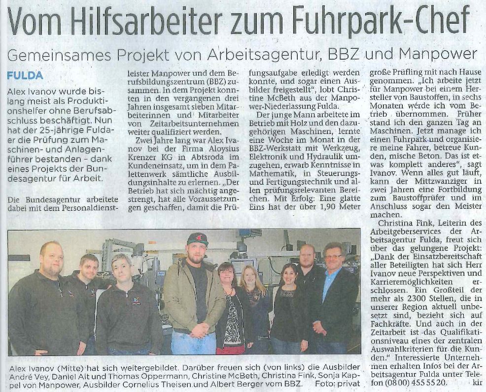 Krenzer Paletten - Zeitungsartikel aus der Fuldaer Zeitung